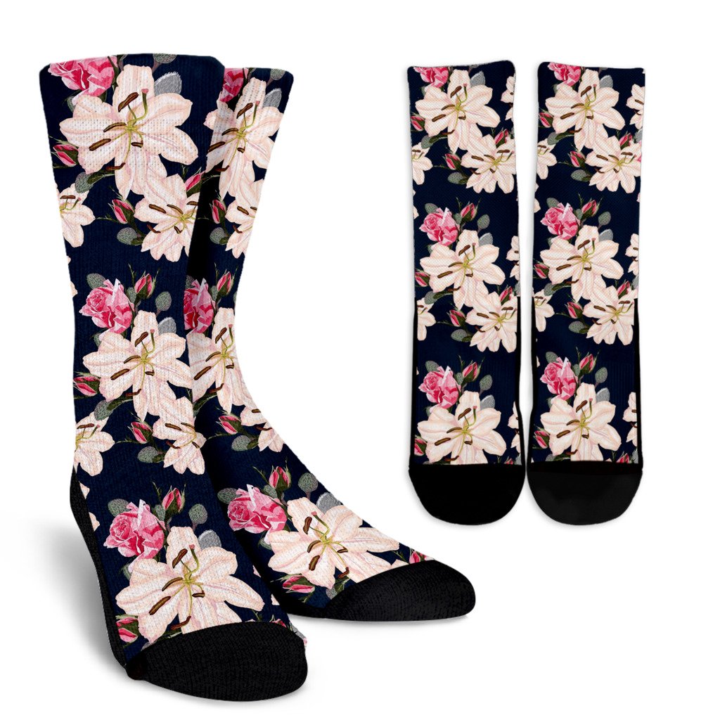 Lily Pattern Print Design LY04 Crew Socks-JORJUNE.COM