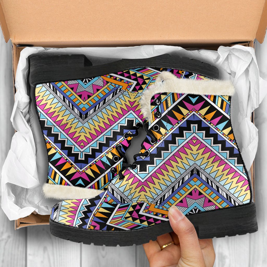 Multicolor zigzag Tribal Aztec Faux Fur Leather Boots