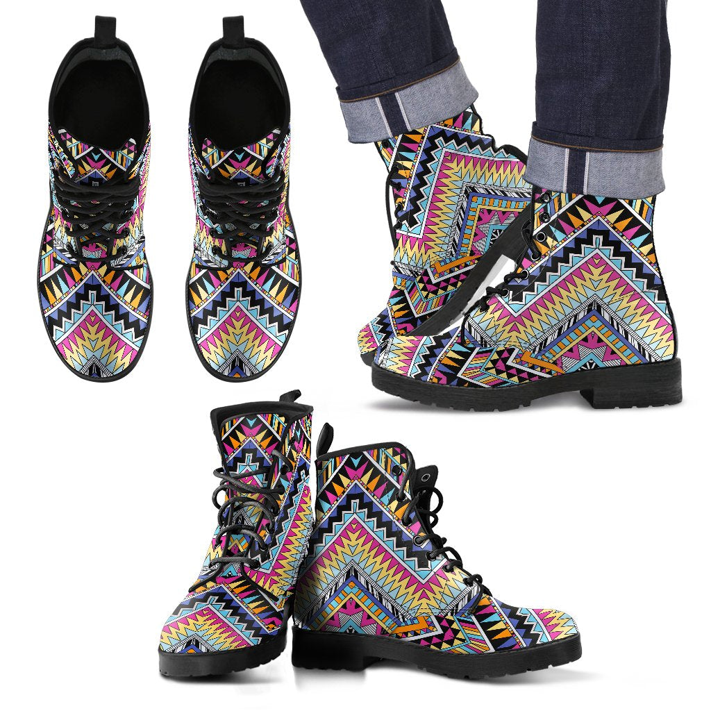 Multicolor Zigzag Tribal Aztec Men Leather Boots