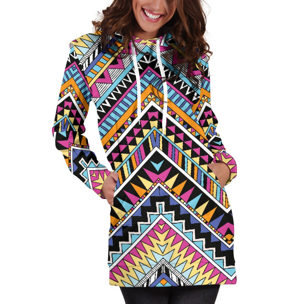 Multicolor Zigzag Tribal Aztec Women Hoodie Dress