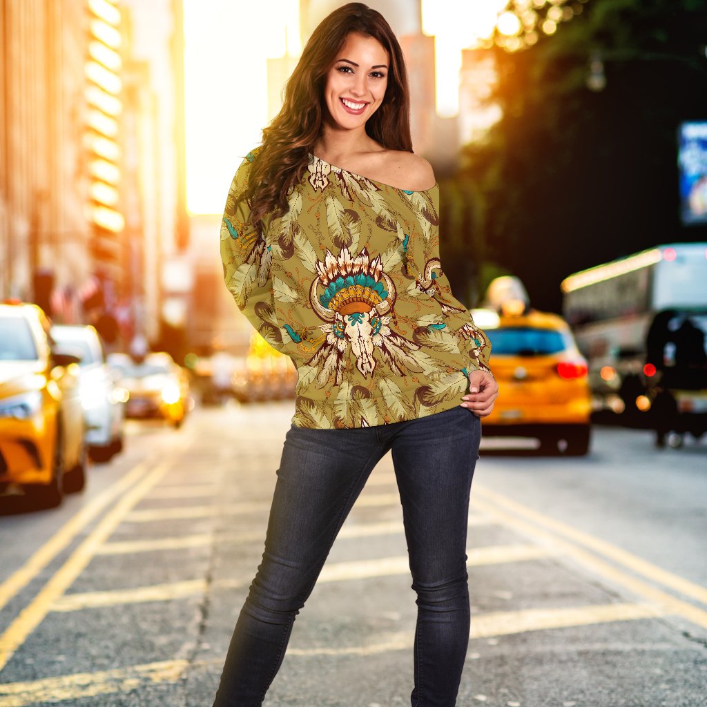 Native Indian Buffalo Head Off Shoulder Sweatshirt