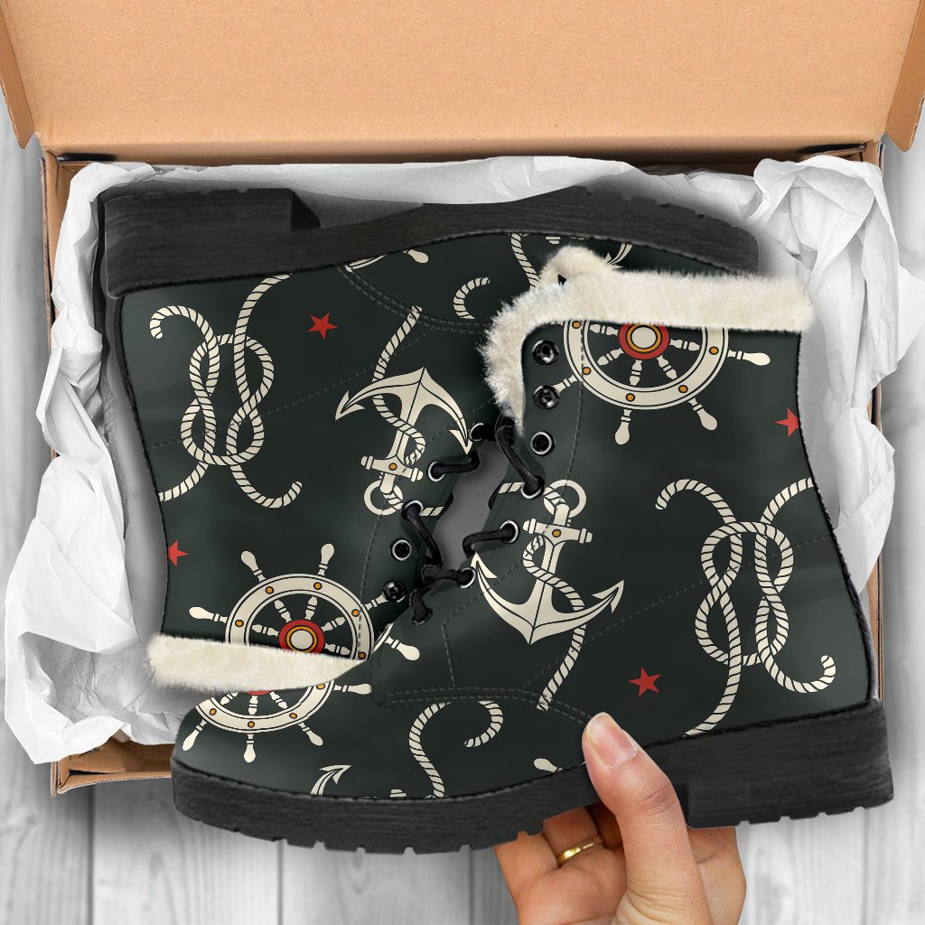 Nautical Anchor Pattern Faux Fur Leather Boots