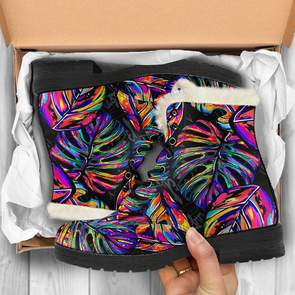 Neon Color Tropical Palm Leaves Faux Fur Leather Boots