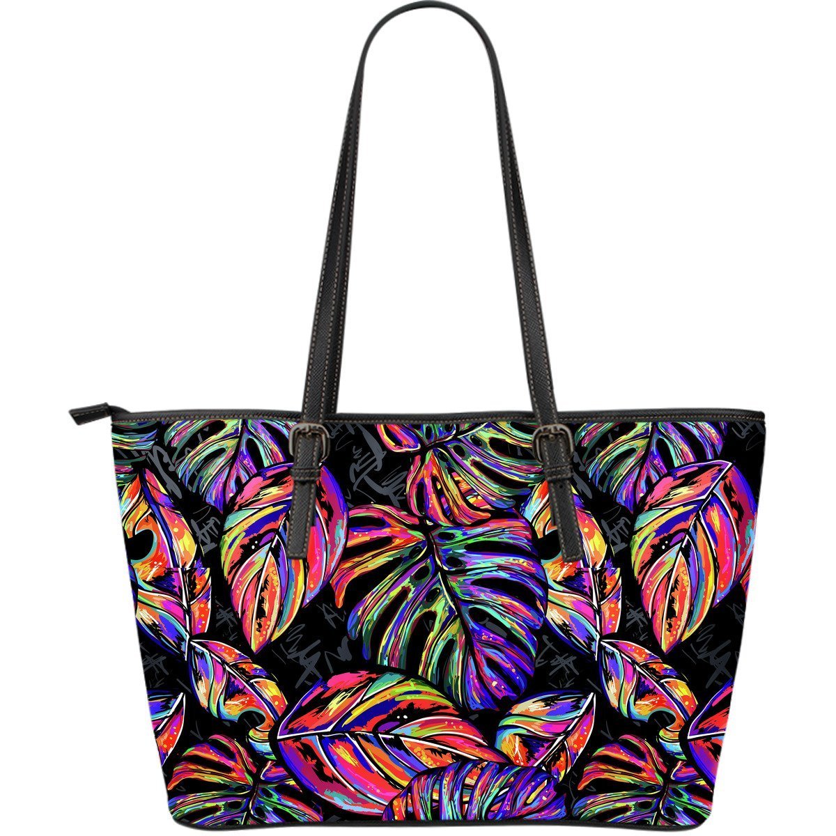 Neon Color Tropical Palm Leaves Large Leather Tote Bag