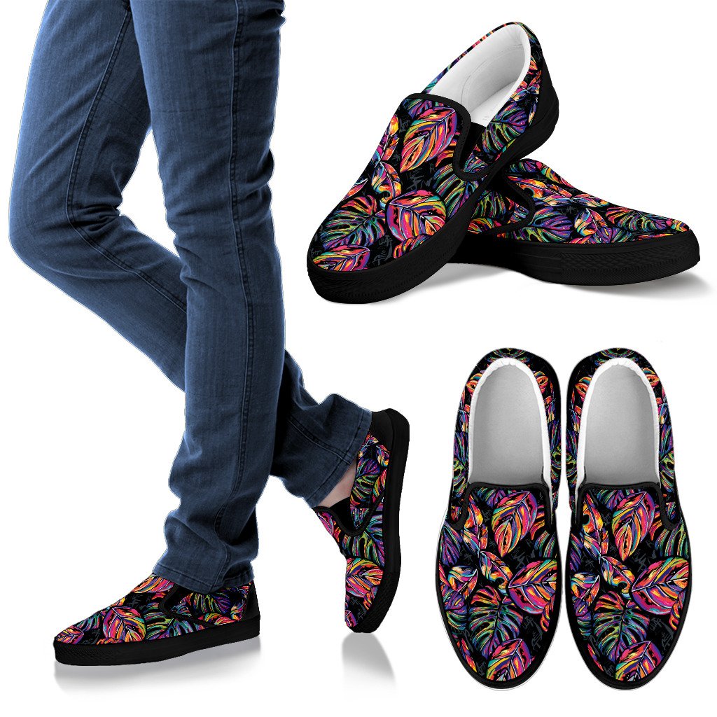 Neon Color Tropical Palm Leaves Women Canvas Slip On Shoes