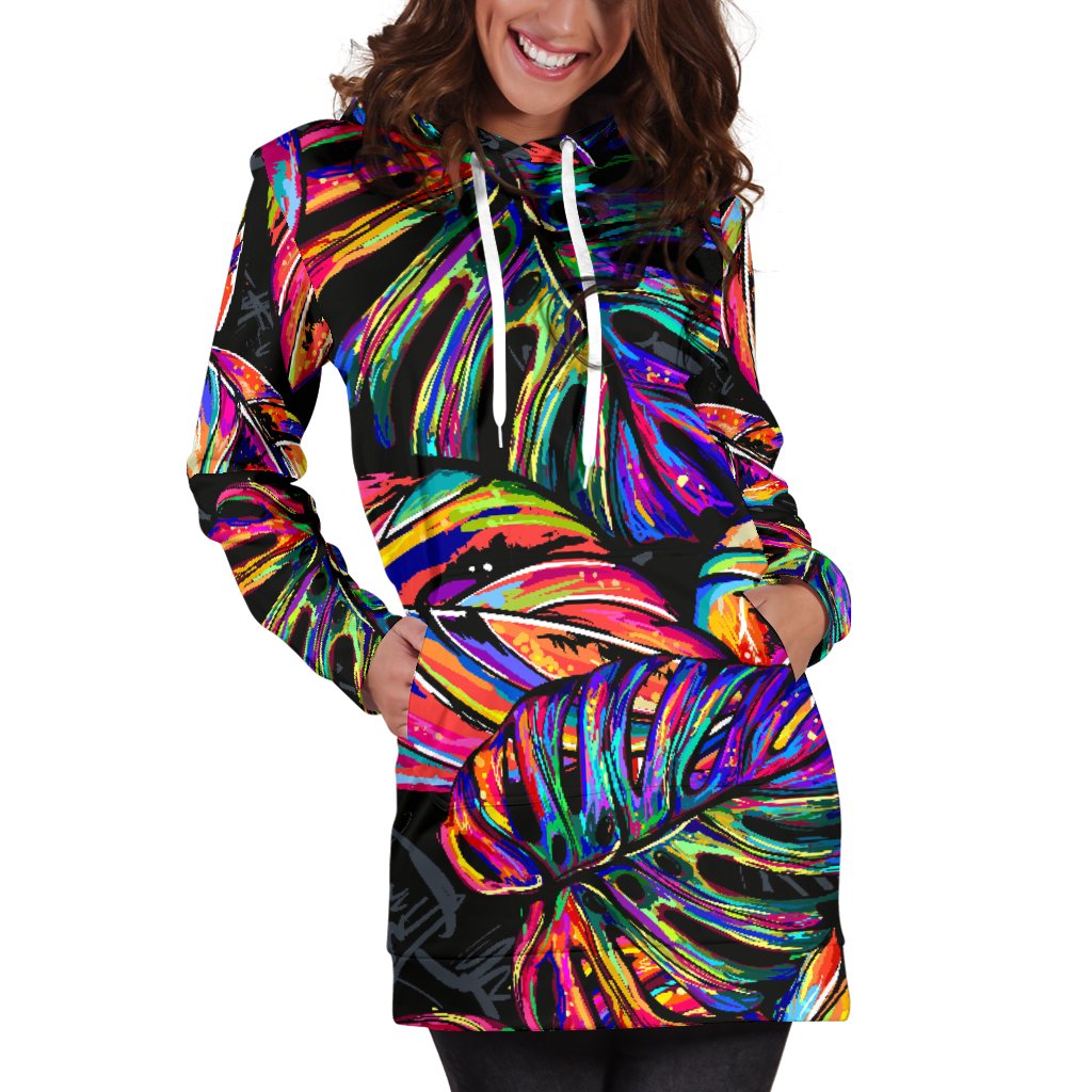 Neon Color Tropical Palm Leaves Women Hoodie Dress