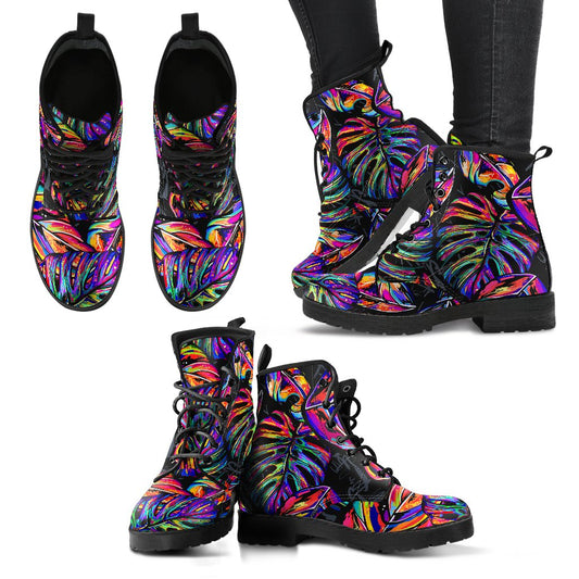 Neon Color Tropical Palm Leaves Women & Men Leather Boots