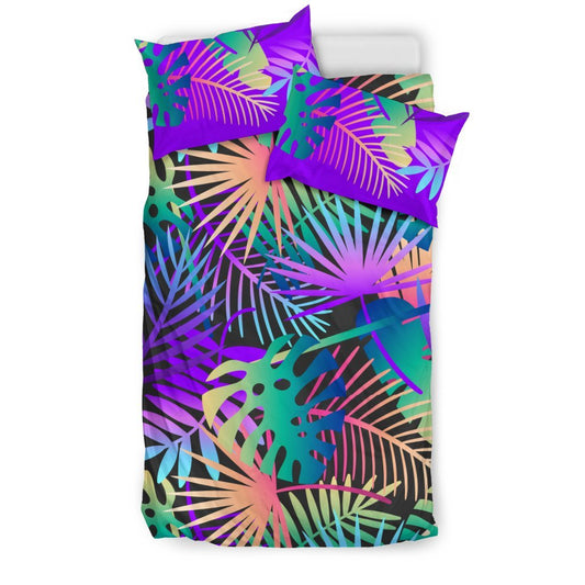 Neon Flower Tropical Palm Leaves Duvet Cover Bedding Set