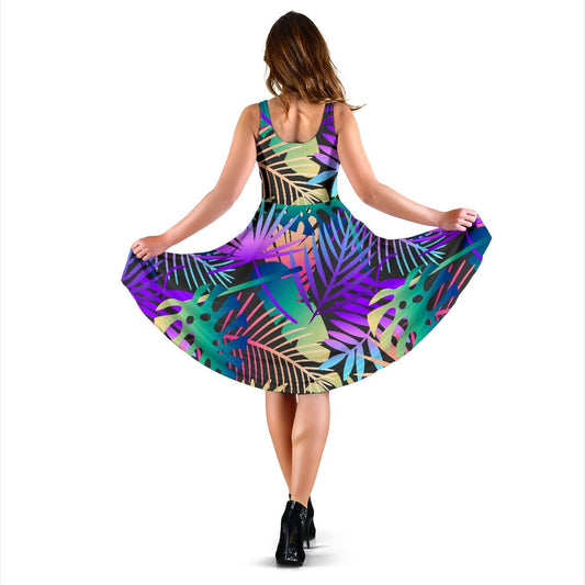 Neon Flower Tropical Palm Leaves Sleeveless Mini Dress