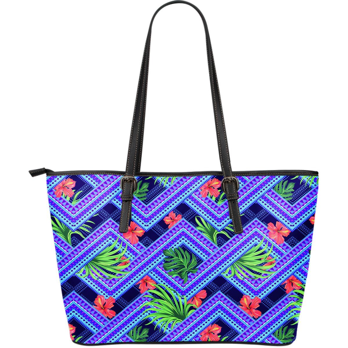 Neon Hawaiian Flower hibiscus Large Leather Tote Bag