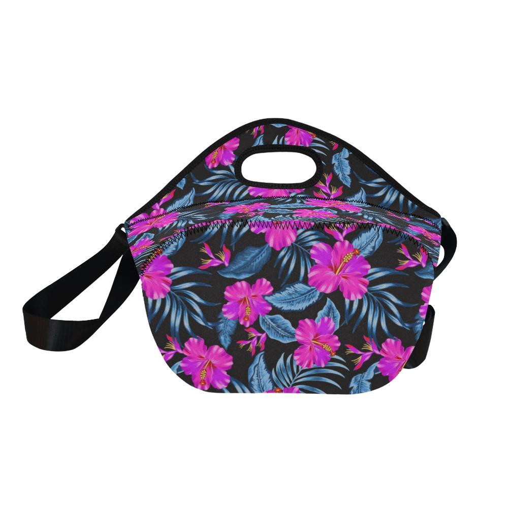 Neon Pink Hibiscus Pattern Print Design HB015 Neoprene Lunch Bag-JorJune