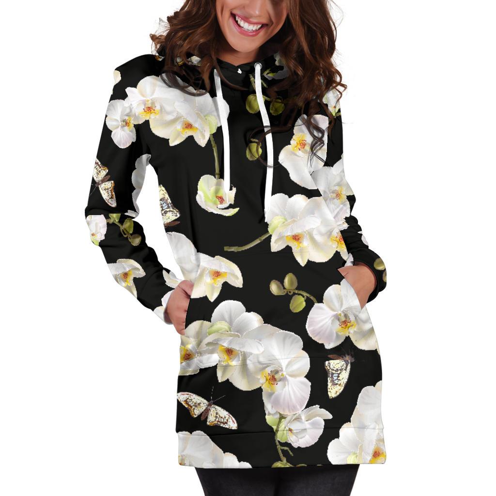 Orchid White Pattern Print Design OR011 Women Hoodie Dress