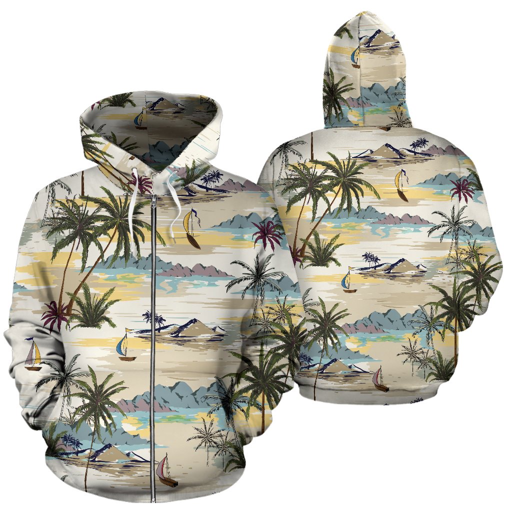 Palm Tree Beach Print All Over Zip Up Hoodie