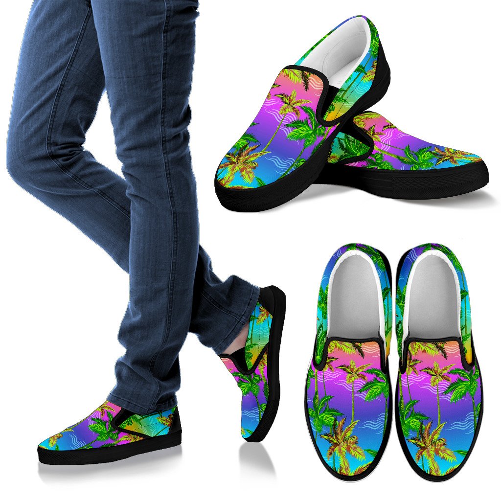 Palm Tree Rainbow Pattern Women Slip On Shoes
