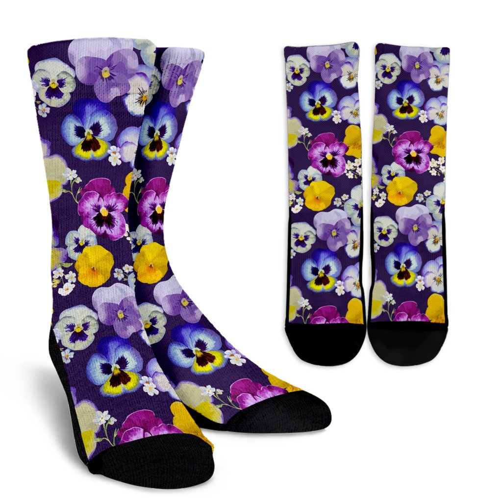 Pansy Pattern Print Design PS02 Crew Socks-JORJUNE.COM