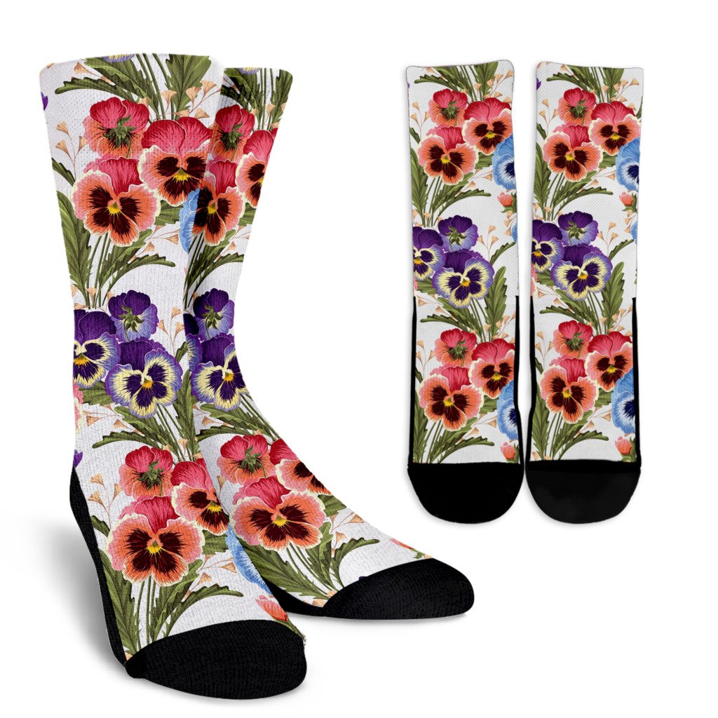 Pansy Pattern Print Design PS06 Crew Socks-JORJUNE.COM