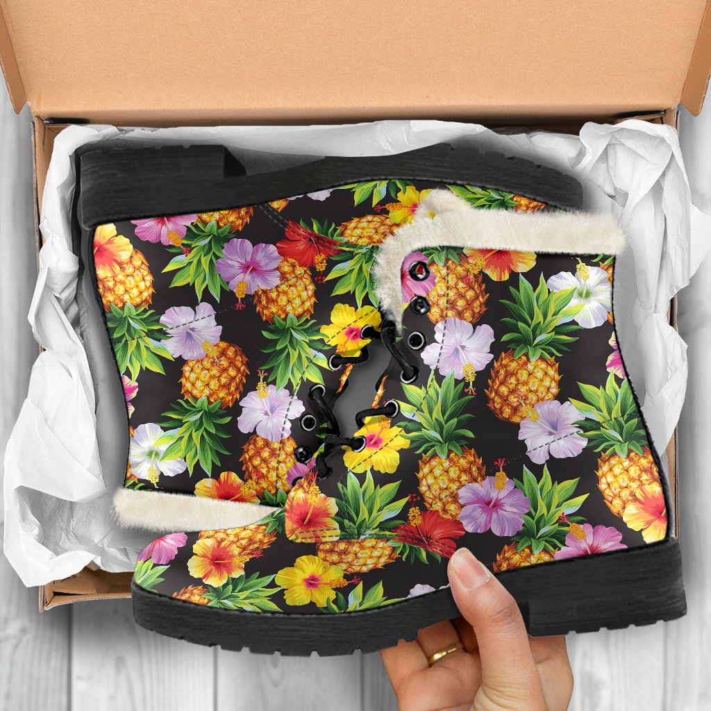 Pineapple Hibiscus Faux Fur Leather Boots
