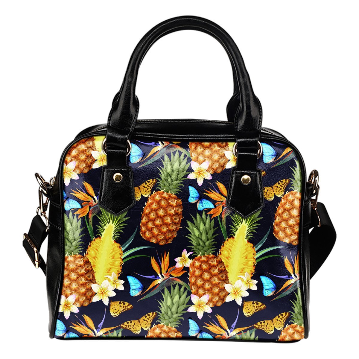 Pineapple Butterfly Plumeria Tropical Leather Shoulder Handbag