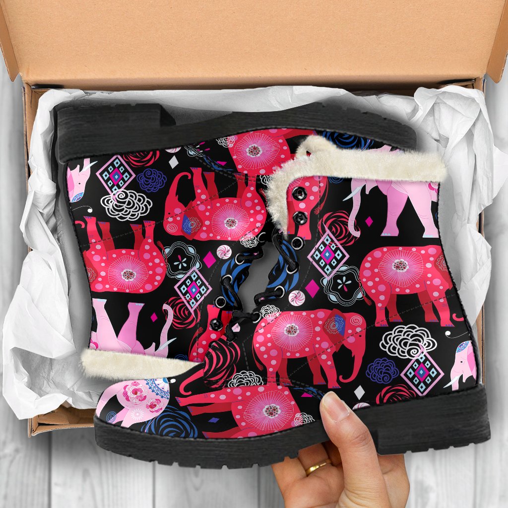 Pink Elephant Pattern Faux Fur Leather Boots