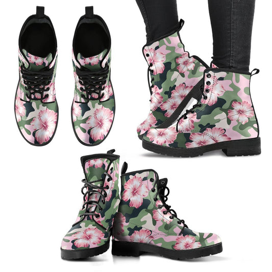 Pink hibiscus camouflage Women Camo Women & Men Leather Boots