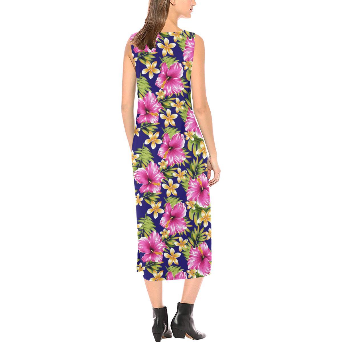 Pink Hibiscus Pattern Print Design HB027 Sleeveless Open Fork Long Dress