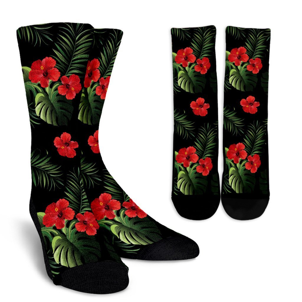 Pink Red Hibiscus Tropical Flowers Crew Socks