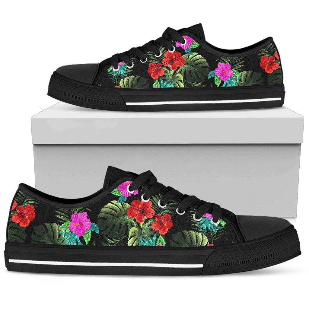 Pink Red Hibiscus Tropical Flowers Women Low Top Canvas Shoes