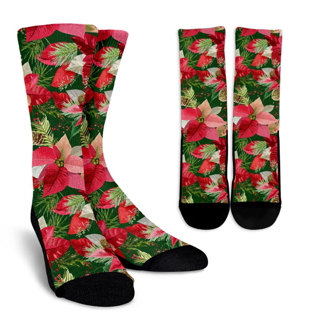 Poinsettia Pattern Print Design POT03 Crew Socks-JORJUNE.COM