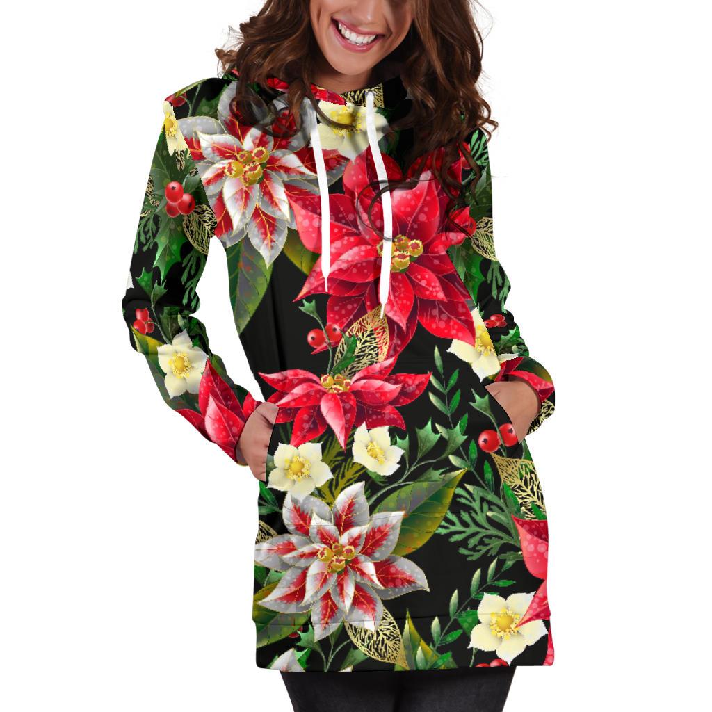Poinsettia Pattern Print Design POT05 Women Hoodie Dress