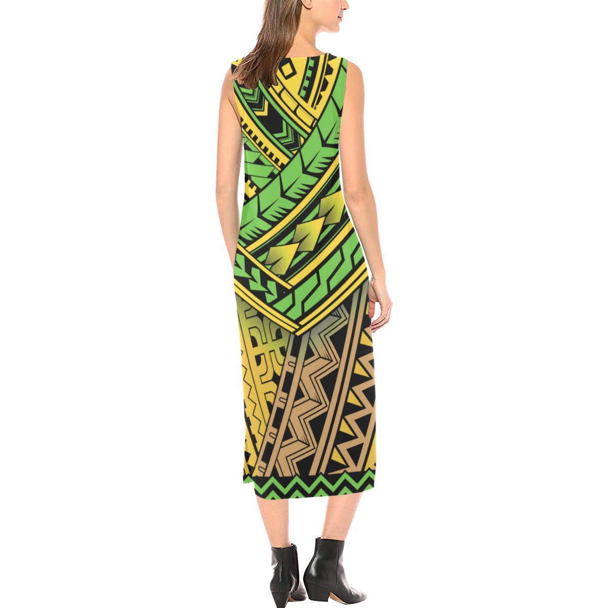 Polynesian Tribal Color Sleeveless Open Fork Long Dress