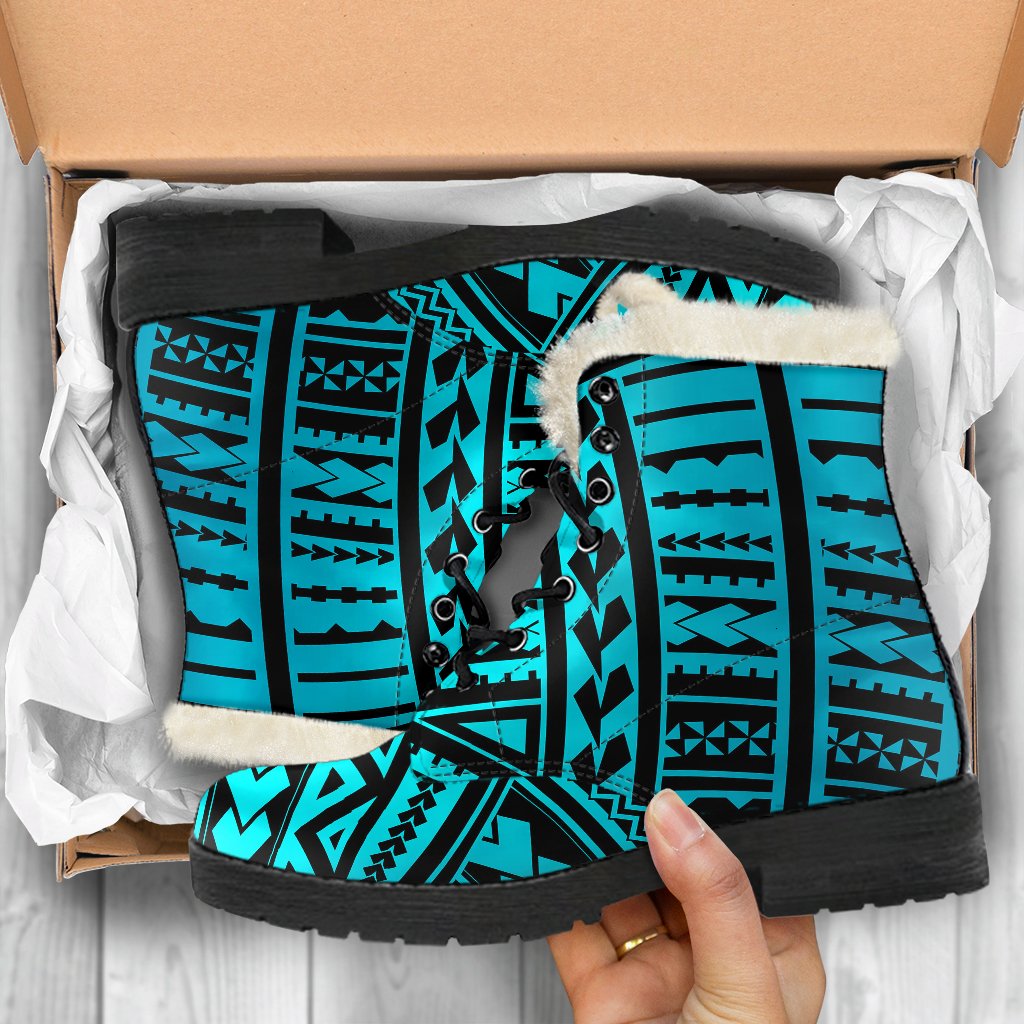 Polynesian Tribal Faux Fur Leather Boots