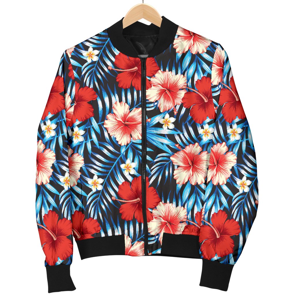 Red Hibiscus Blue Scene Women Casual Bomber Jacket