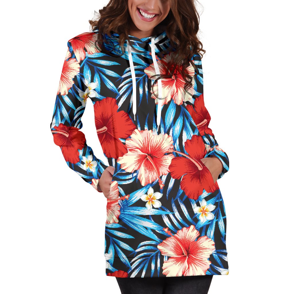Red Hibiscus Blue Scene Women Hoodie Dress