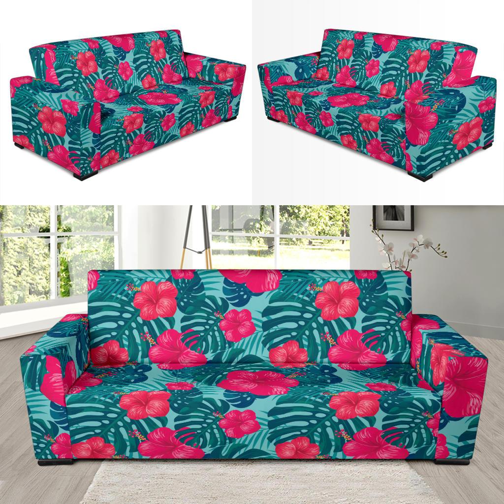 Red Hibiscus Pattern Print Design HB017 Sofa Slipcover-JORJUNE.COM