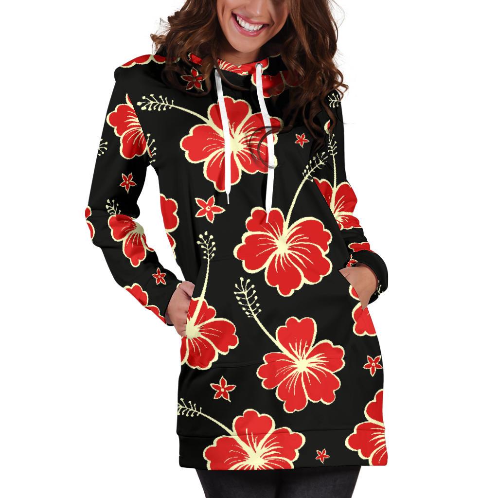 Red Hibiscus Pattern Print Design HB021 Women Hoodie Dress