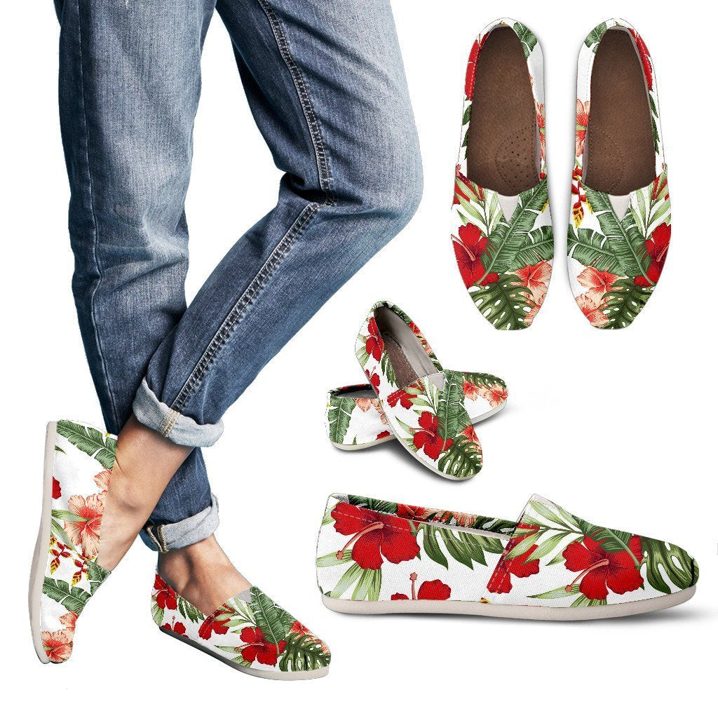 Red Hibiscus Tropical Flowers Women Casual Shoes-JorJune.com