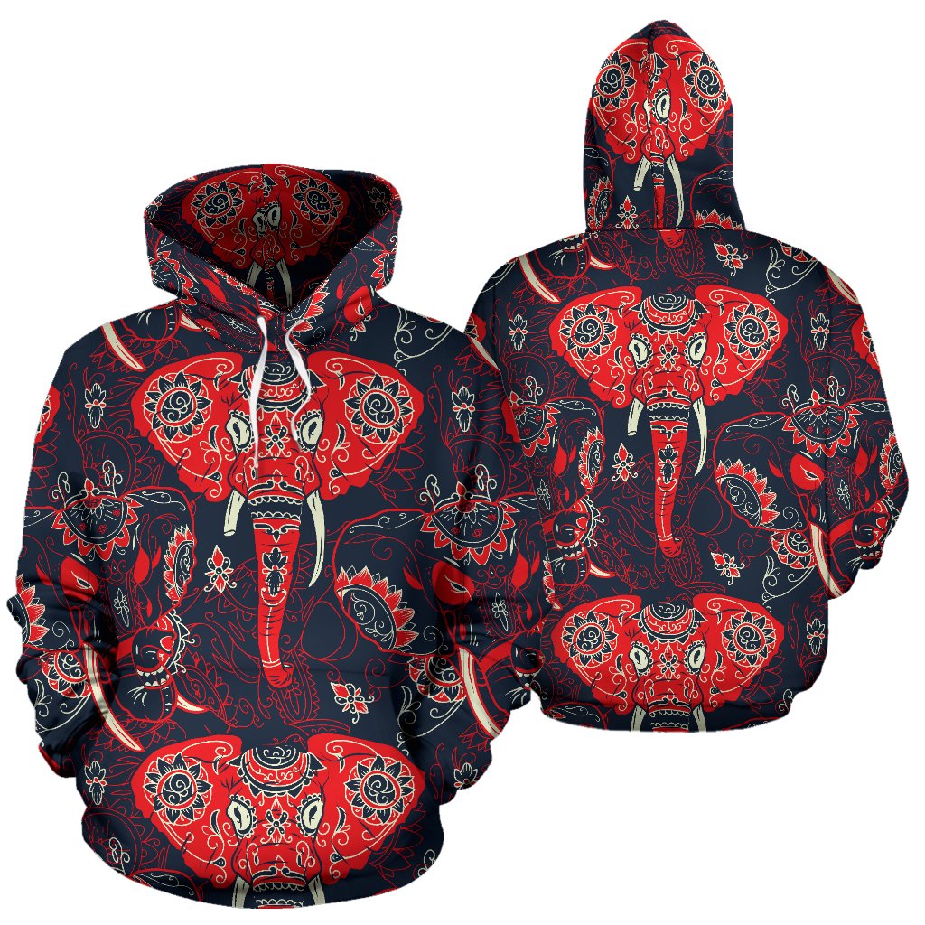 Red Indian Elephant Pattern All Over Print Hoodie