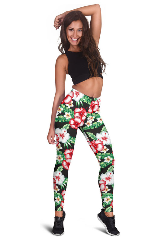 Red White Hawaiian Hibiscus Women Leggings