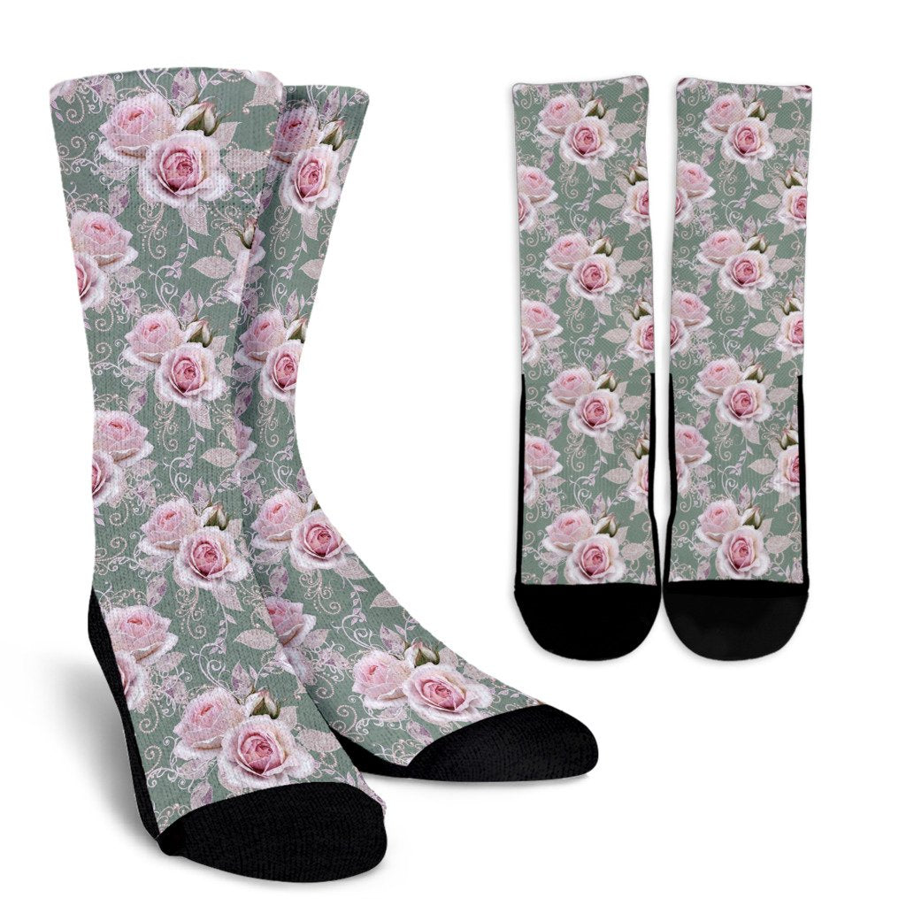 Rose White Pattern Print Design RO012 Crew Socks-JORJUNE.COM