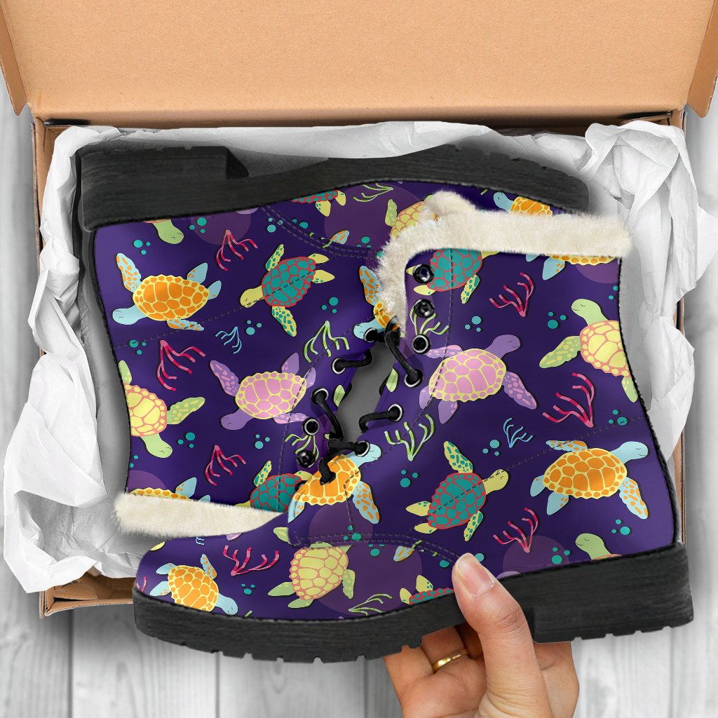 Sea Turtle Color Smile Faux Fur Leather Boots
