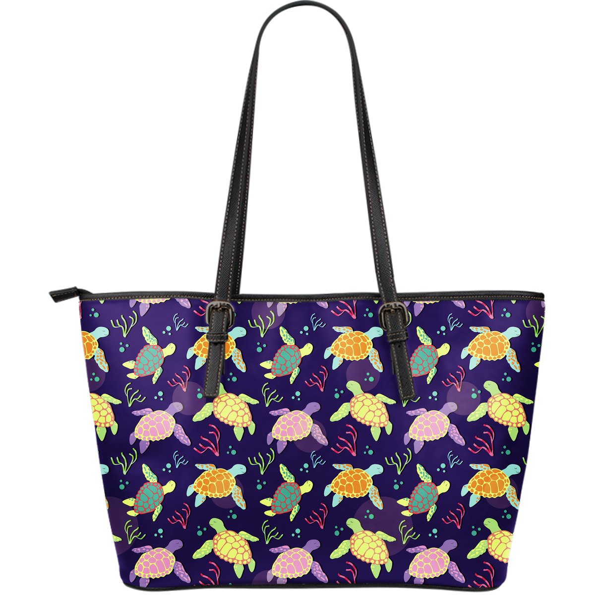 Sea Turtle Color Smile Large Leather Tote Bag