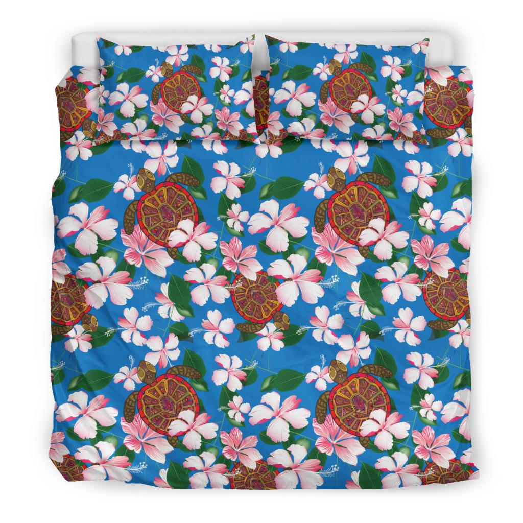 Sea Turtle Pink Hibiscus Hawaiian Print Duvet Cover Bedding Set-JORJUNE.COM