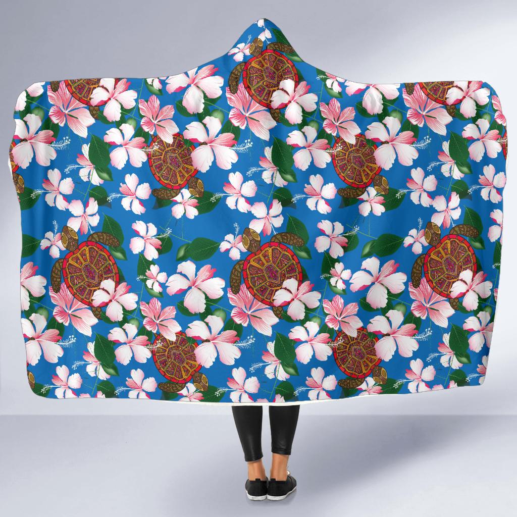 Sea Turtle Pink Hibiscus Hawaiian Print Hooded Blanket-JORJUNE.COM