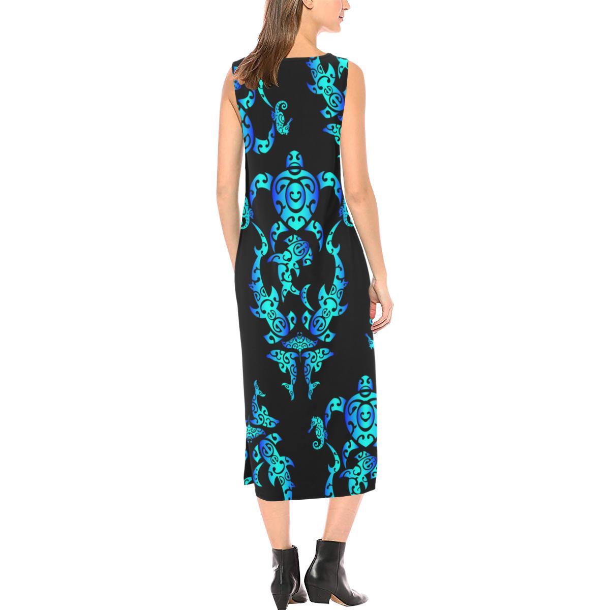 Sea turtle Polynesian Tribal Hawaiian Sleeveless Open Fork Long Dress