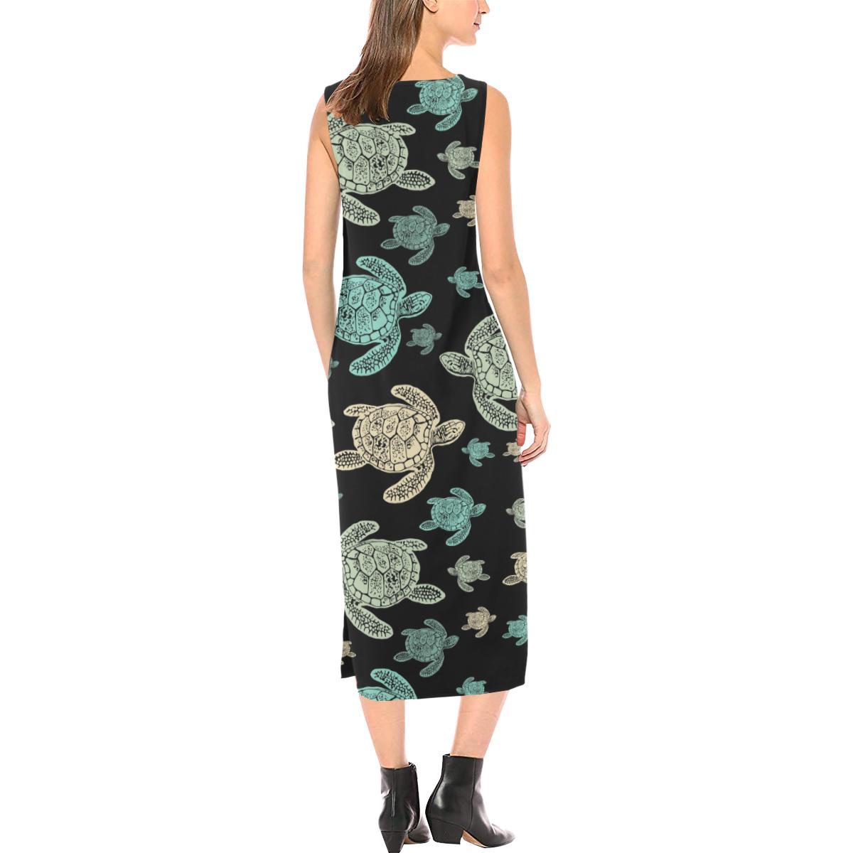 Sea Turtle Stamp Pattern Sleeveless Open Fork Long Dress