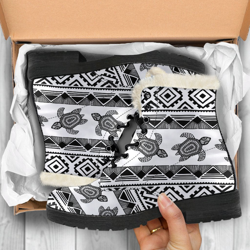 Sea Turtle Tribal Aztec Faux Fur Leather Boots