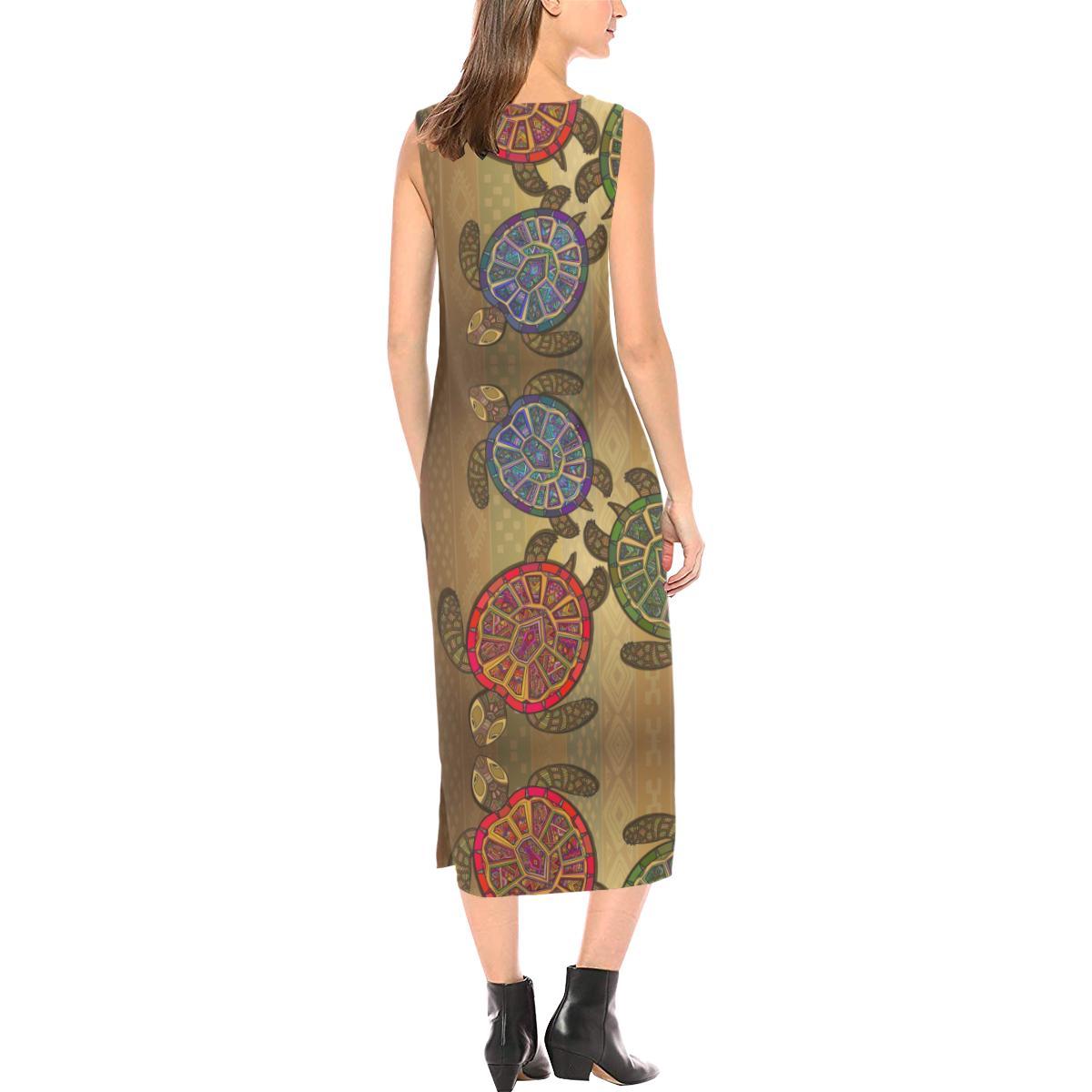 Sea Turtle Tribal Colorful Sleeveless Open Fork Long Dress