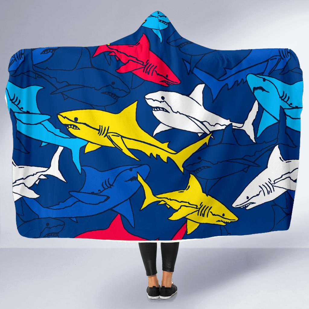 Shark Color Pattern Hooded Blanket-JORJUNE.COM