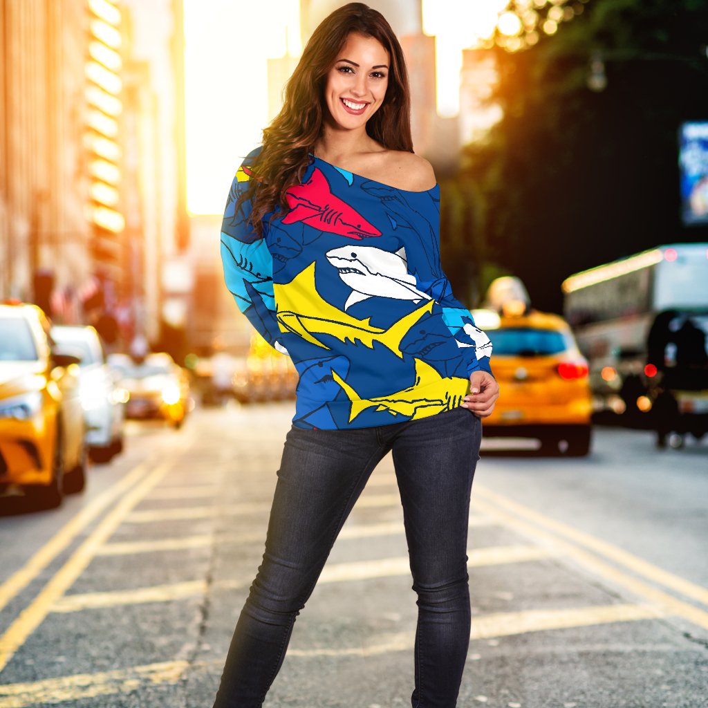 Shark Color Pattern Off Shoulder Sweatshirt