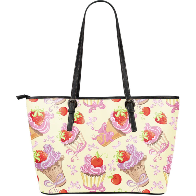 Strawberry Pink CupCake Large Leather Tote Bag